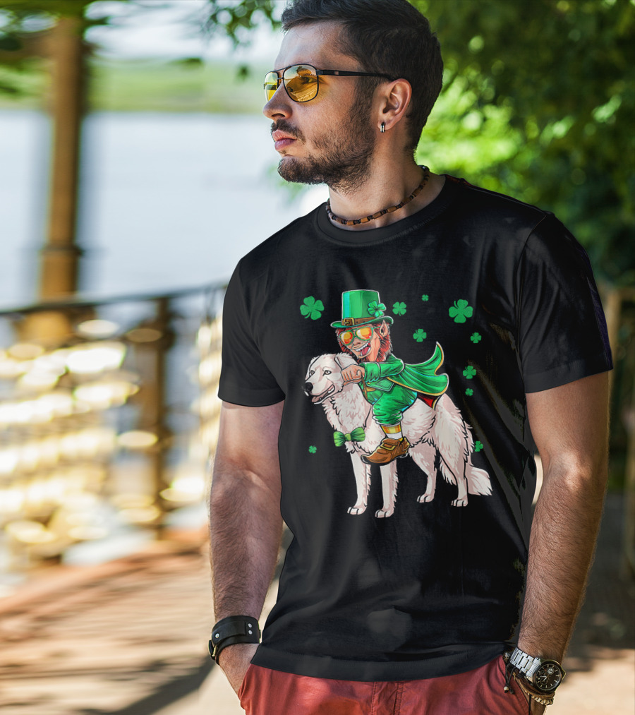 Leprechaun Riding Kuvasz Surrounded By Shamrocks For St. Patrick's Day T-Shirt