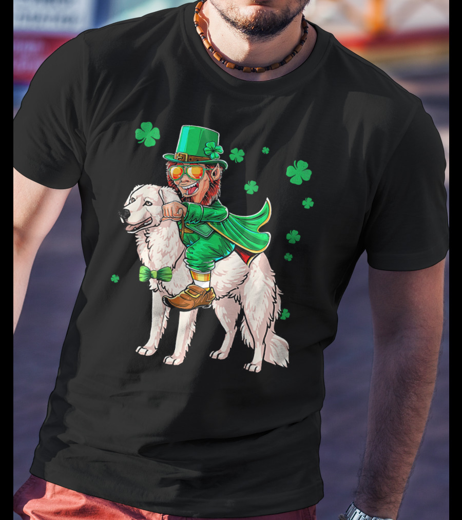 Leprechaun Riding Kuvasz Surrounded By Shamrocks For St. Patrick's Day T-Shirt