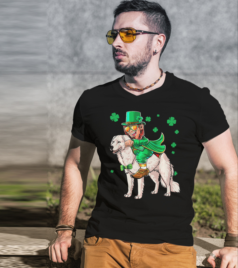 Leprechaun Riding Kuvasz Surrounded By Shamrocks For St. Patrick's Day T-Shirt