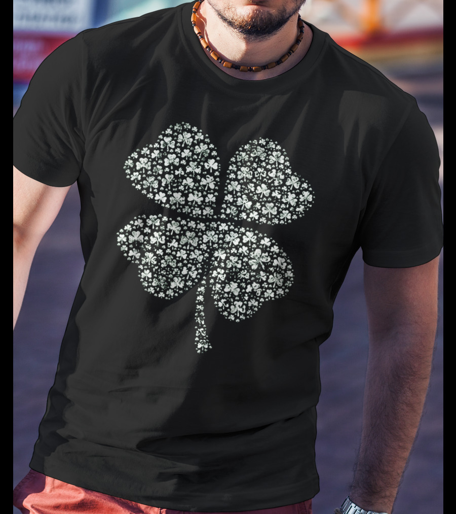 Distressed Clover Pattern Lucky Charm Four Leaf T-Shirt