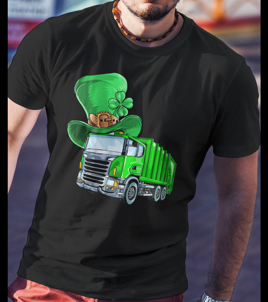 St Patricks Day Garbage Truck With Leprechaun Hat And Four-Leaf Clover T-Shirt