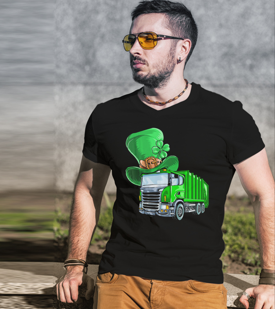 St Patricks Day Garbage Truck With Leprechaun Hat And Four-Leaf Clover T-Shirt