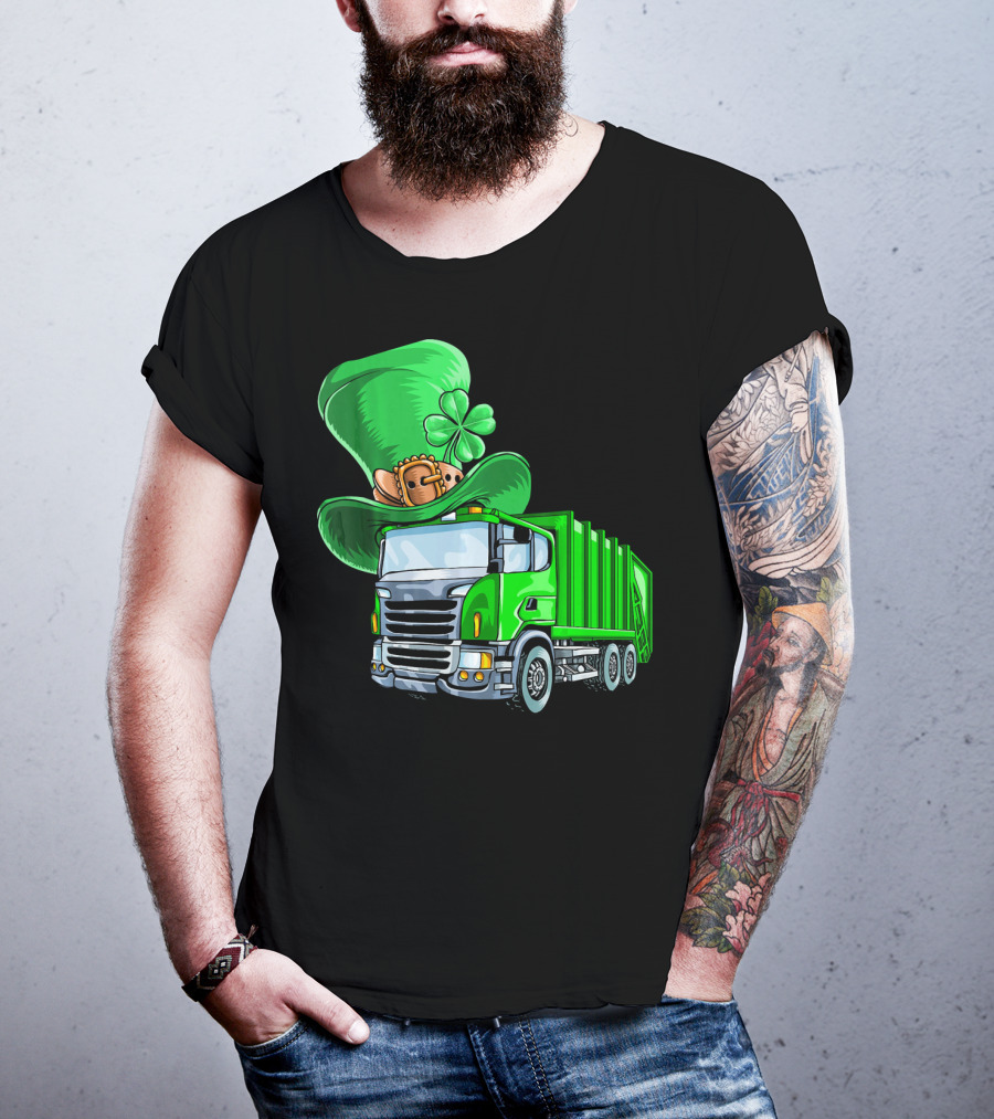 St Patricks Day Garbage Truck With Leprechaun Hat And Four-Leaf Clover T-Shirt