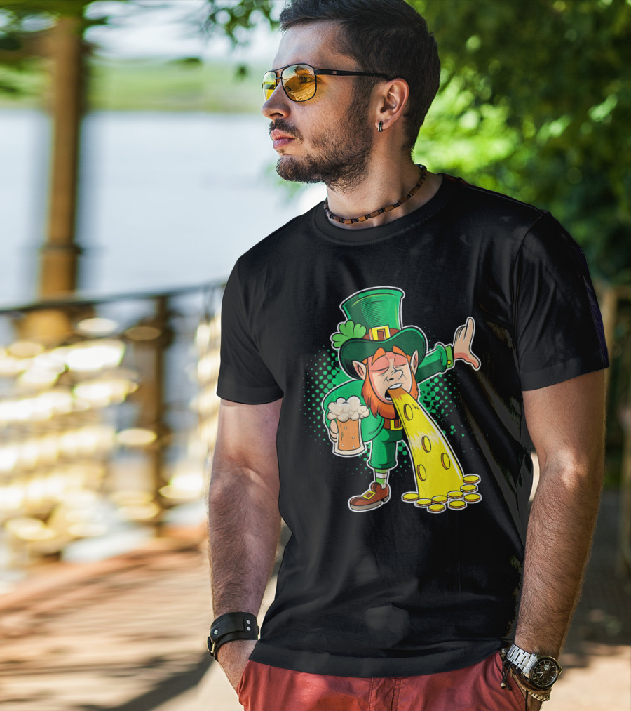 Drunk Leprechaun Puking Gold Coins And Beer Mug T-Shirt