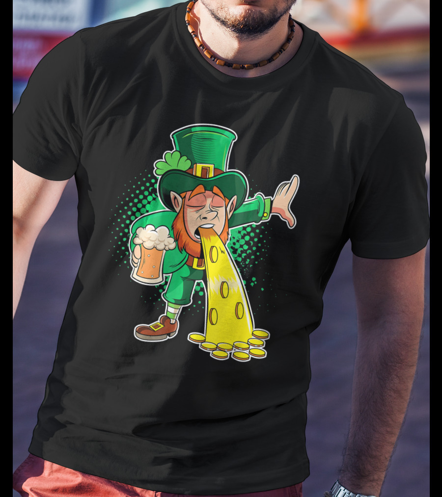 Drunk Leprechaun Puking Gold Coins And Beer Mug T-Shirt