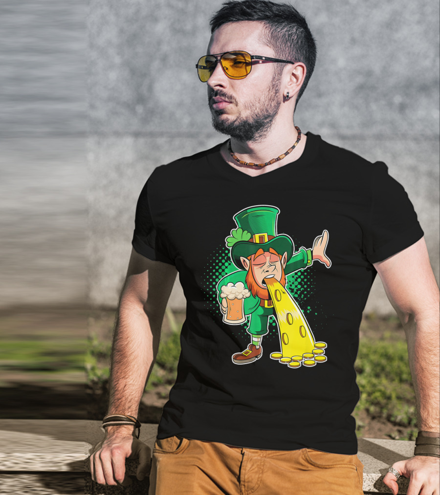 Drunk Leprechaun Puking Gold Coins And Beer Mug T-Shirt