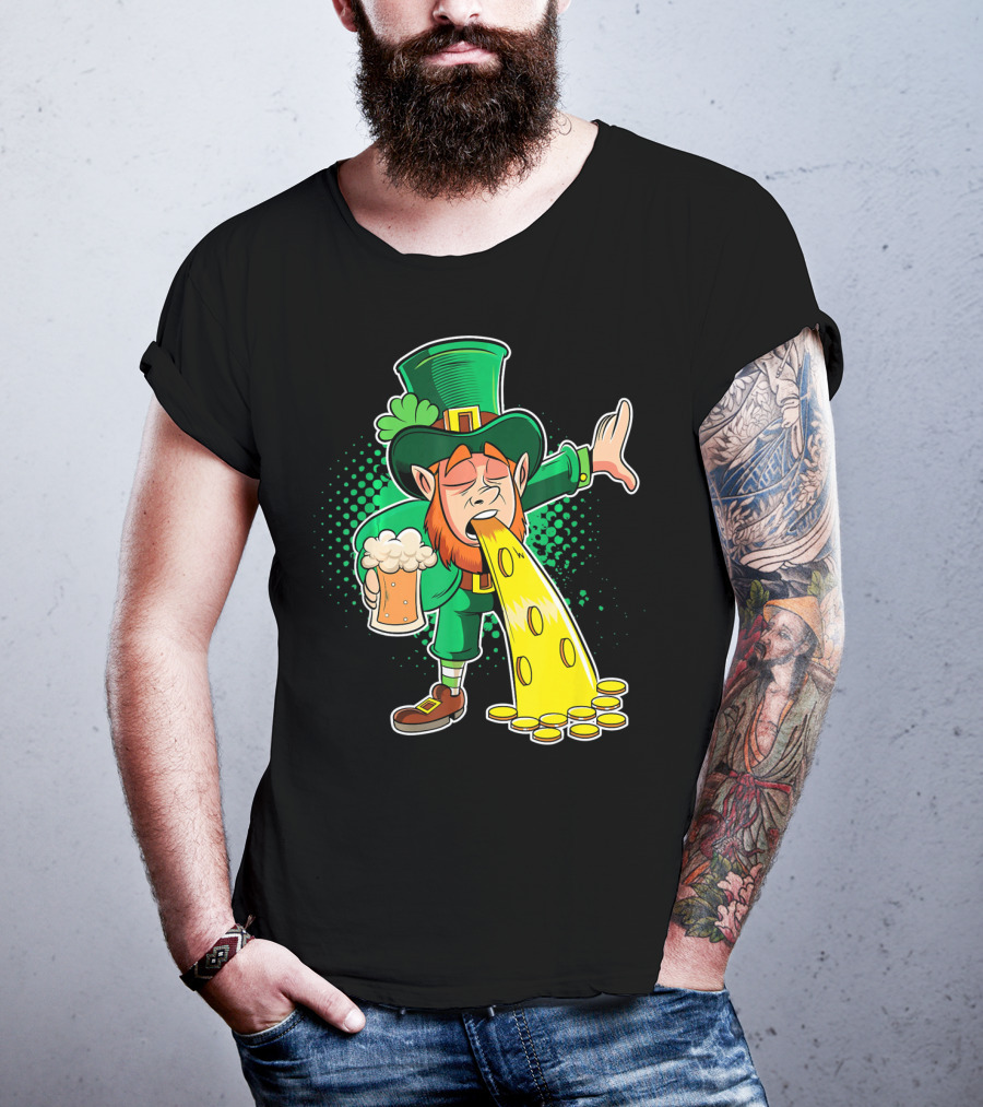 Drunk Leprechaun Puking Gold Coins And Beer Mug T-Shirt