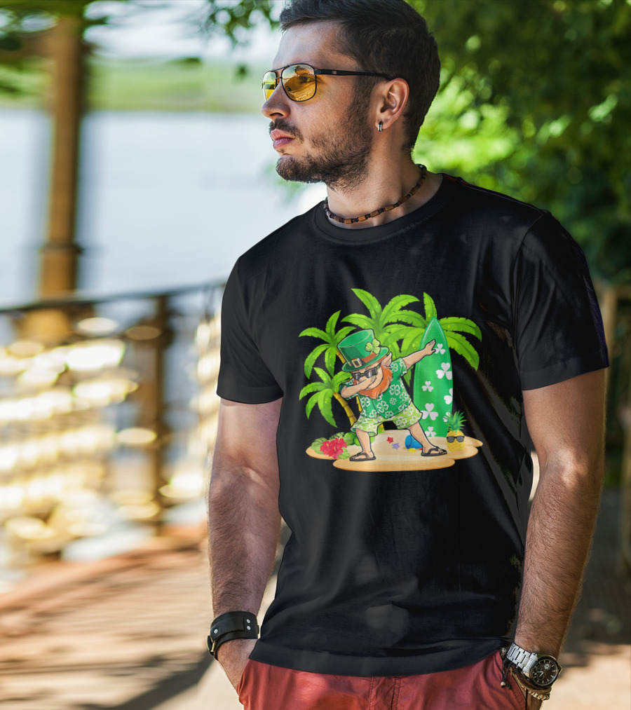 Leprechaun Dabbing On Tropical Beach With Surfboard And Hibiscus Flowers T-Shirt