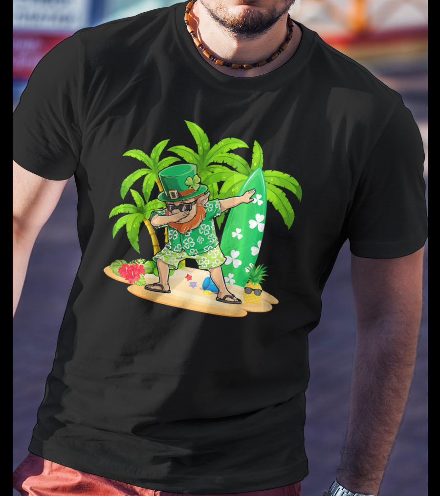 Leprechaun Dabbing On Tropical Beach With Surfboard And Hibiscus Flowers T-Shirt