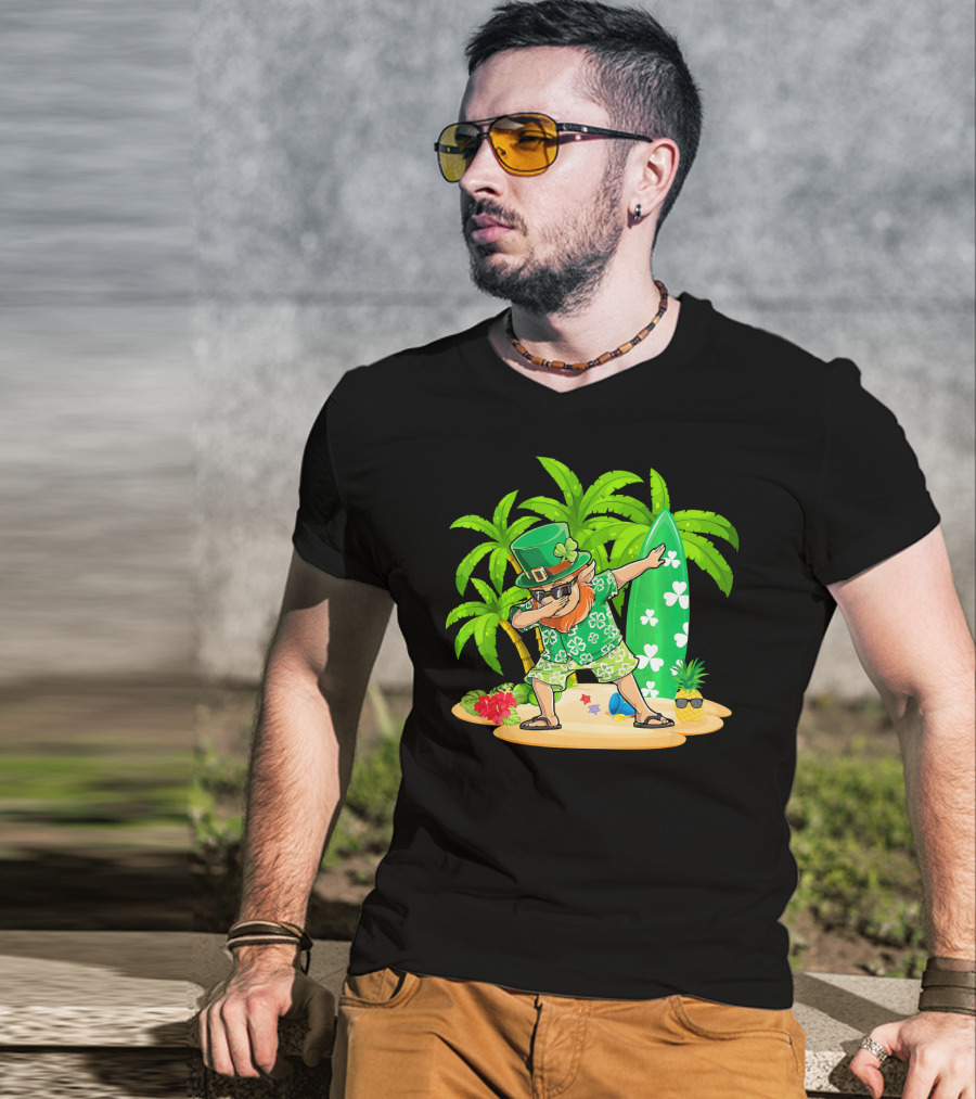 Leprechaun Dabbing On Tropical Beach With Surfboard And Hibiscus Flowers T-Shirt