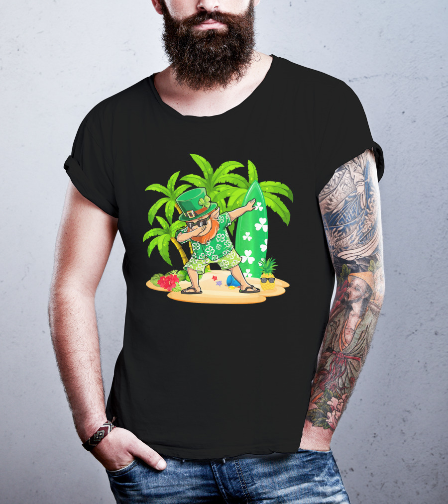 Leprechaun Dabbing On Tropical Beach With Surfboard And Hibiscus Flowers T-Shirt