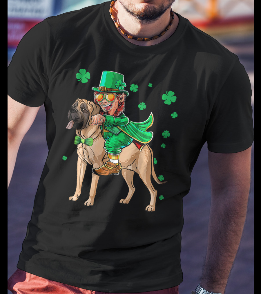 Leprechaun Riding English Mastiff With Shamrocks T-Shirt