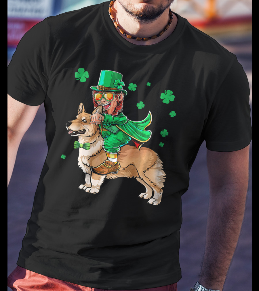 Leprechaun Riding Pembroke Welsh Corgi With Shamrocks T-Shirt