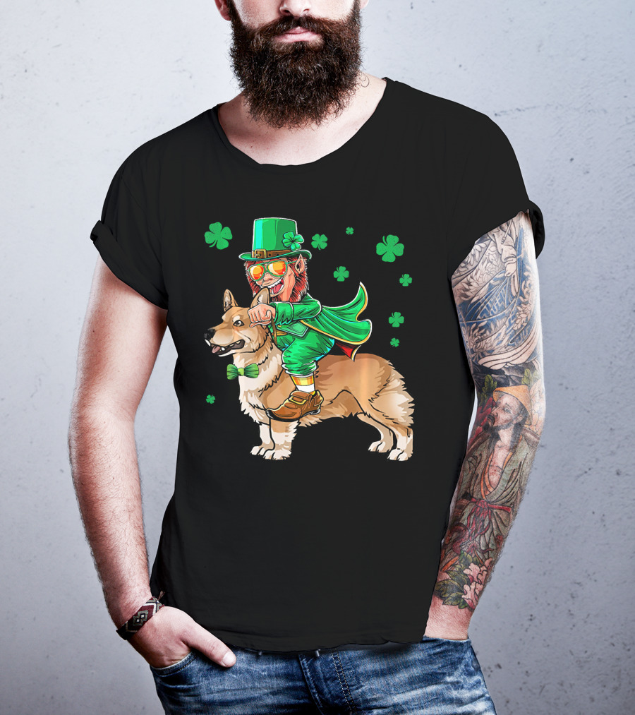 Leprechaun Riding Pembroke Welsh Corgi With Shamrocks T-Shirt