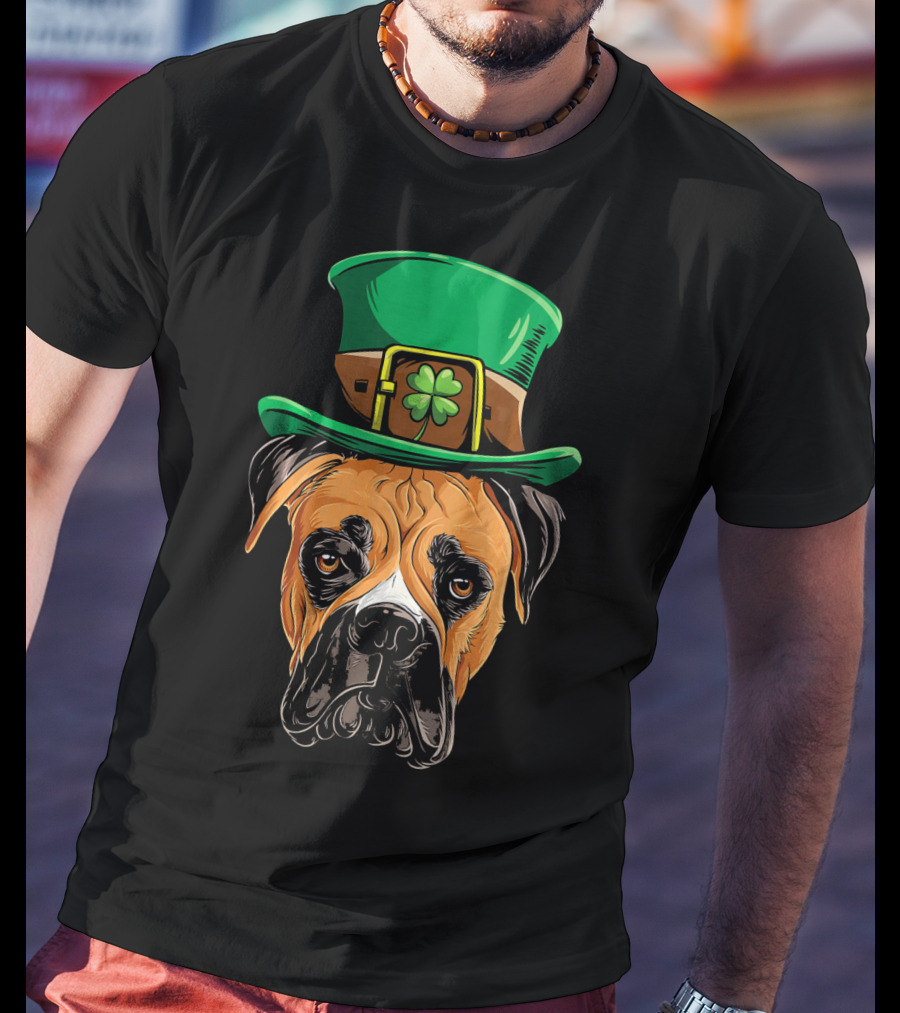 St. Patrick's Day Boxer Dog With Green Top Hat And Shamrock T-Shirt