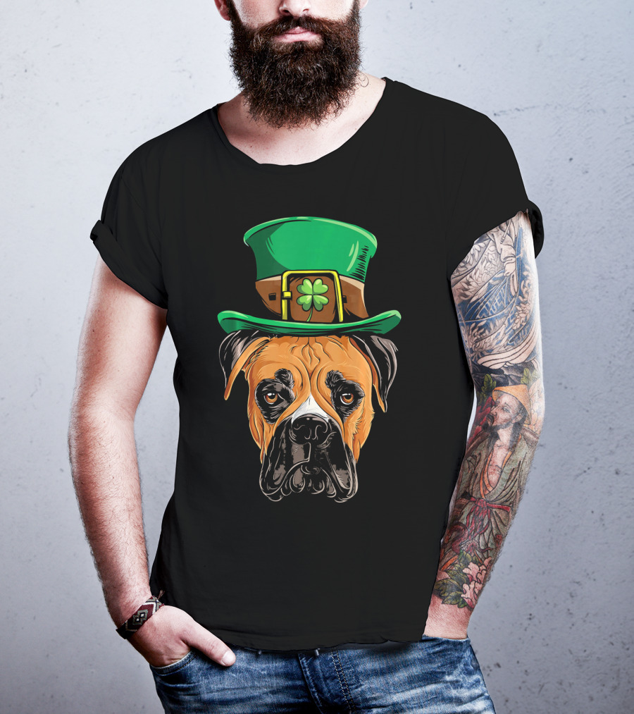 St. Patrick's Day Boxer Dog With Green Top Hat And Shamrock T-Shirt