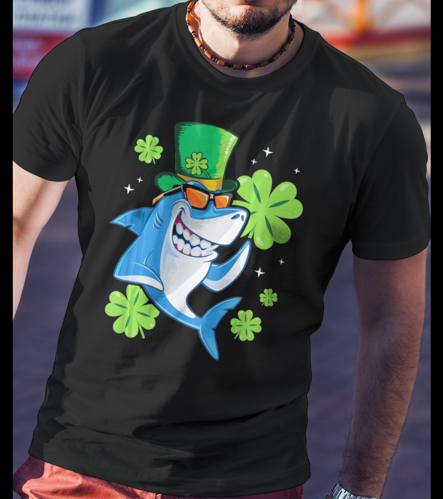 St Patricks Day Shamrock Paddy Shark Top Hat Dancing With Four-Leaf Clovers T-Shirt