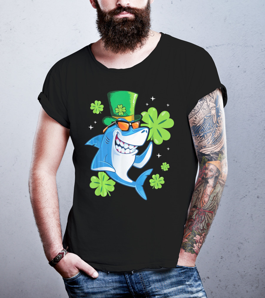 St Patricks Day Shamrock Paddy Shark Top Hat Dancing With Four-Leaf Clovers T-Shirt