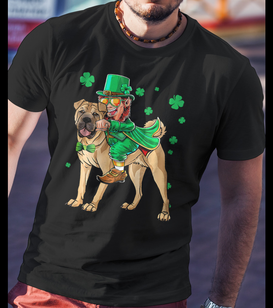Leprechaun Riding Chinese Shar Pei With Shamrock Bowtie And Hat T-Shirt