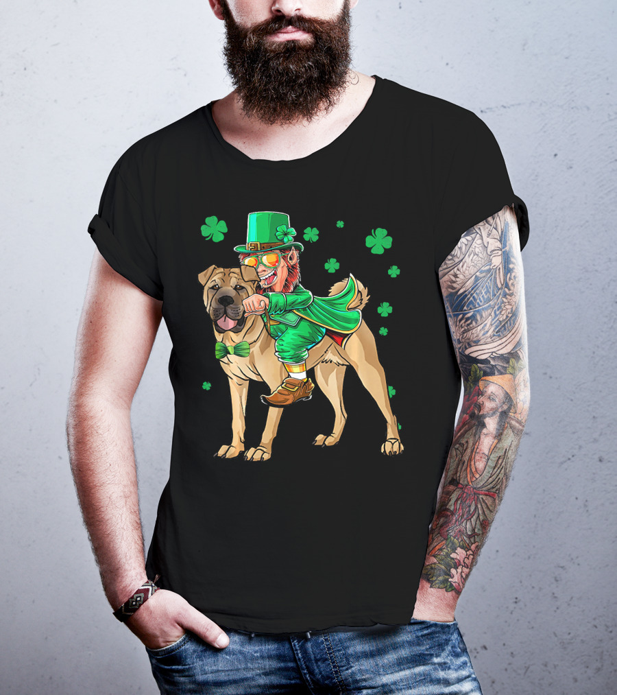 Leprechaun Riding Chinese Shar Pei With Shamrock Bowtie And Hat T-Shirt