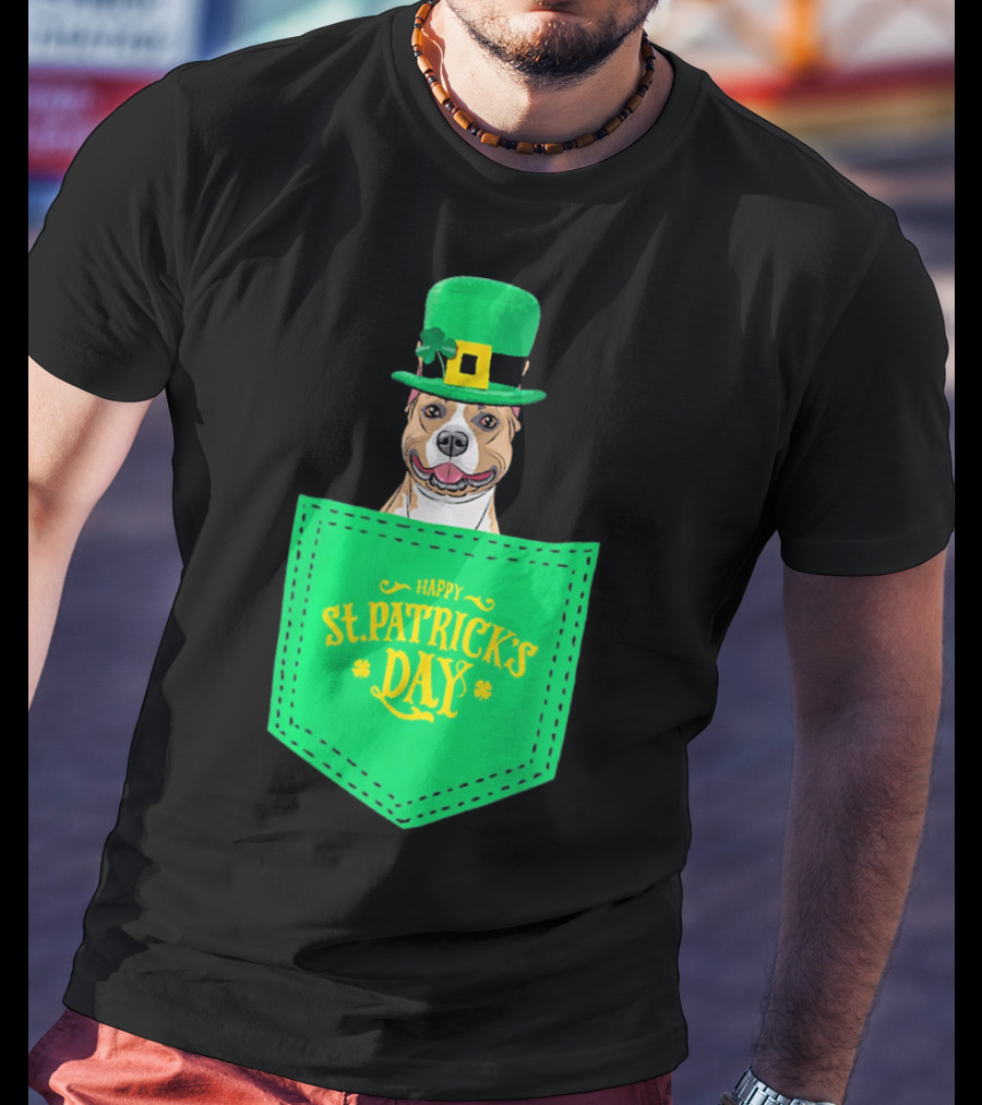 Happy St. Patrick's Day Pitbull Dog In Pocket T-Shirt