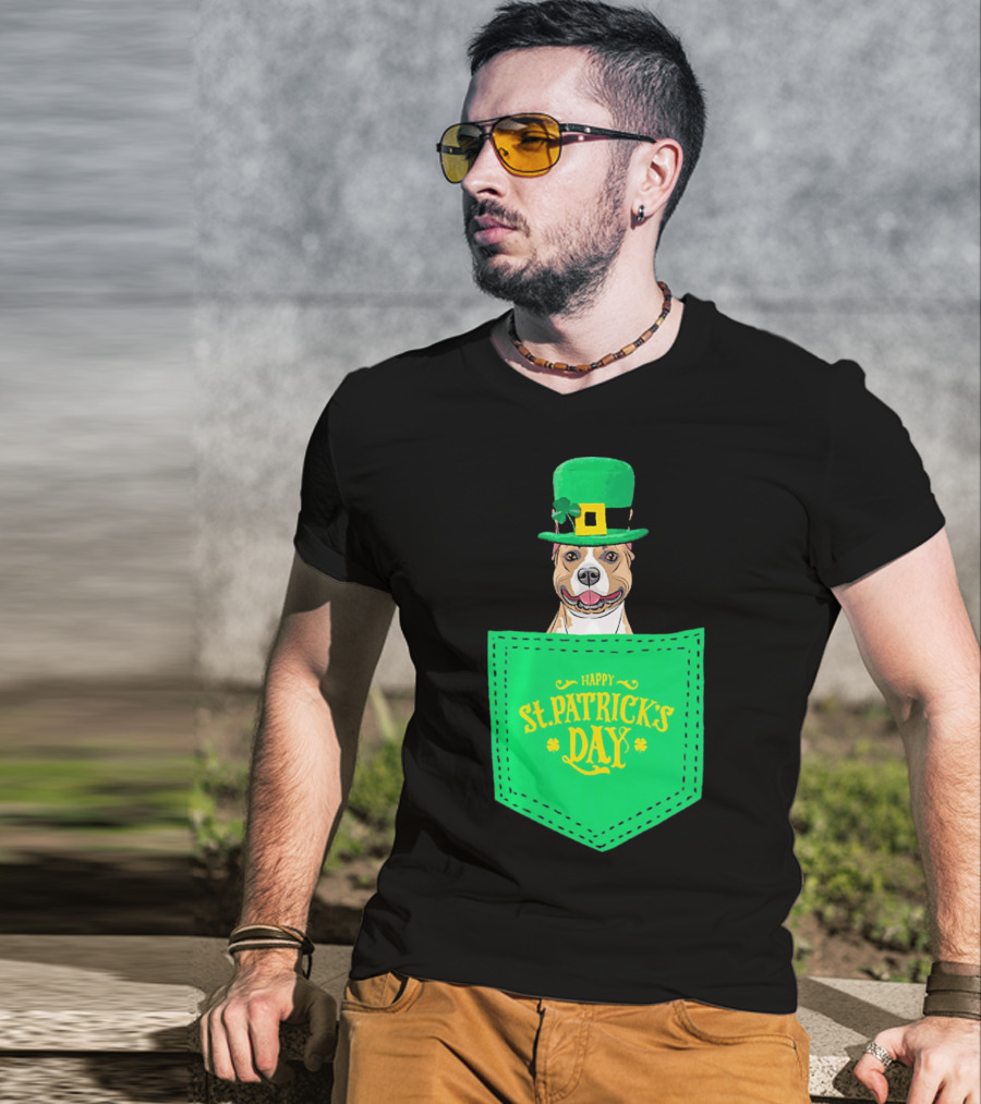 Happy St. Patrick's Day Pitbull Dog In Pocket T-Shirt
