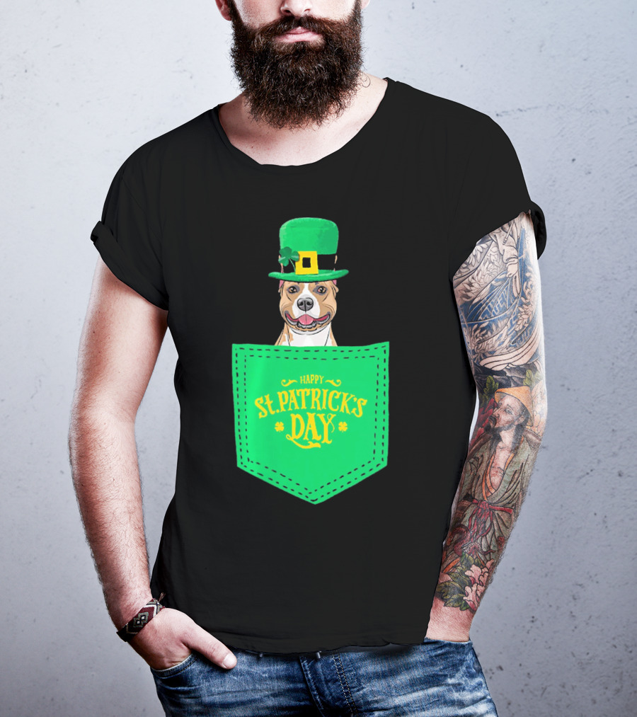 Happy St. Patrick's Day Pitbull Dog In Pocket T-Shirt