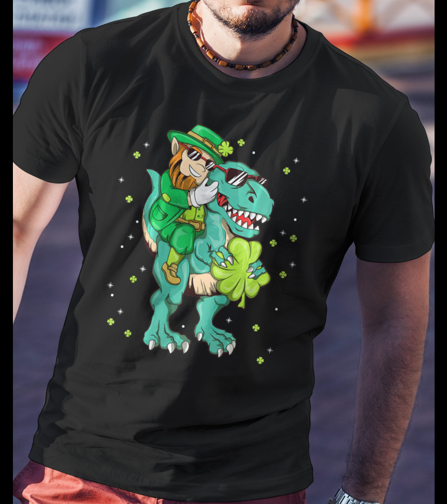 Irish Leprechaun Riding Dinosaur With Clover And Sunglasses T-Shirt