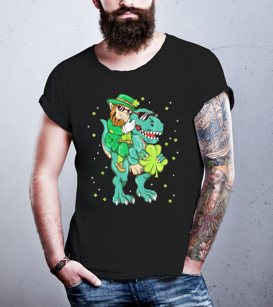 Irish Leprechaun Riding Dinosaur With Clover And Sunglasses T-Shirt