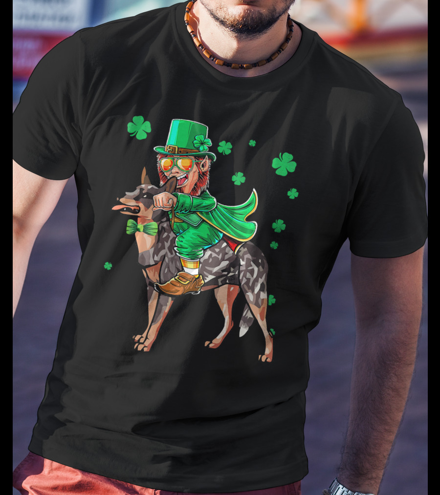 Leprechaun Riding Australian Cattle Dog With Shamrocks T-Shirt