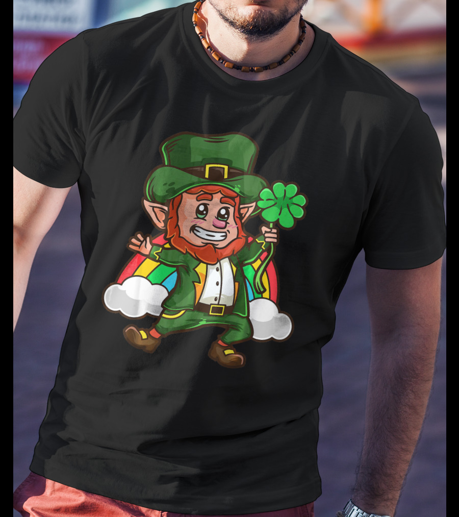 St Patricks Happy Leprechaun Holding Shamrock With Rainbow And Clouds T-Shirt