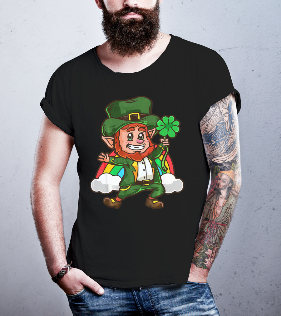 St Patricks Happy Leprechaun Holding Shamrock With Rainbow And Clouds T-Shirt