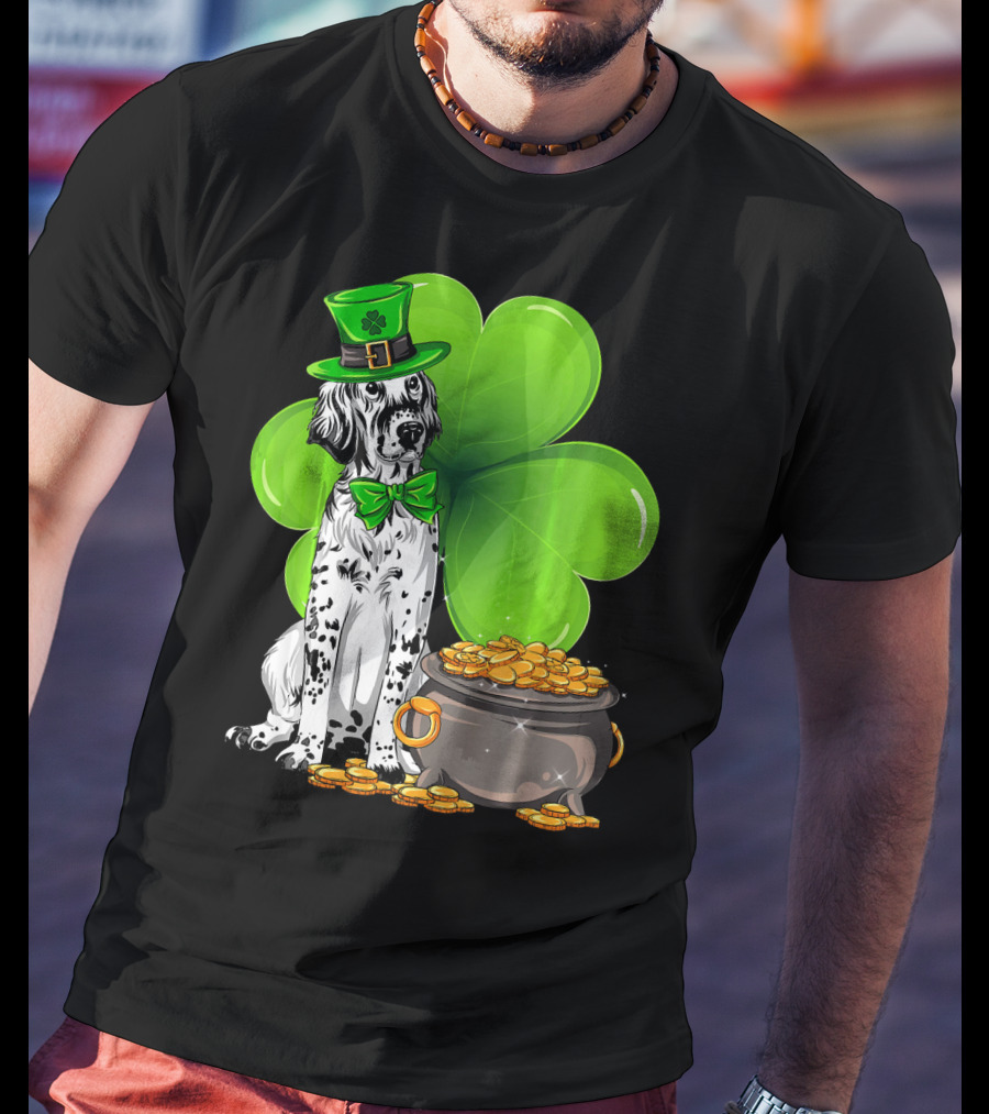 English Setter St Patricks Day Leprechaun Dog With Clover And Pot Of Gold T-Shirt