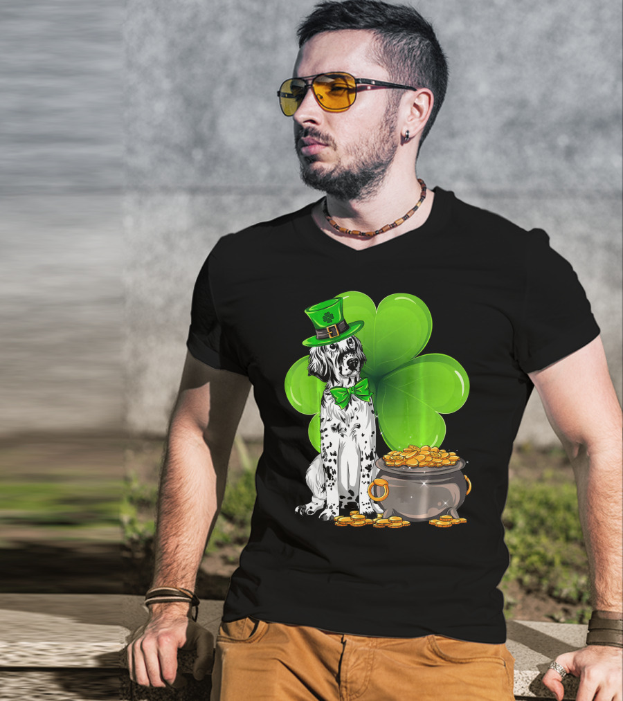 English Setter St Patricks Day Leprechaun Dog With Clover And Pot Of Gold T-Shirt