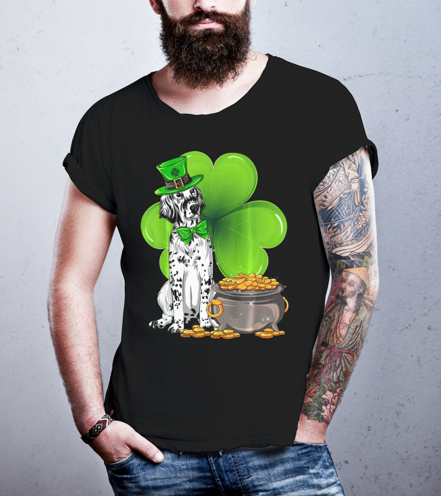 English Setter St Patricks Day Leprechaun Dog With Clover And Pot Of Gold T-Shirt