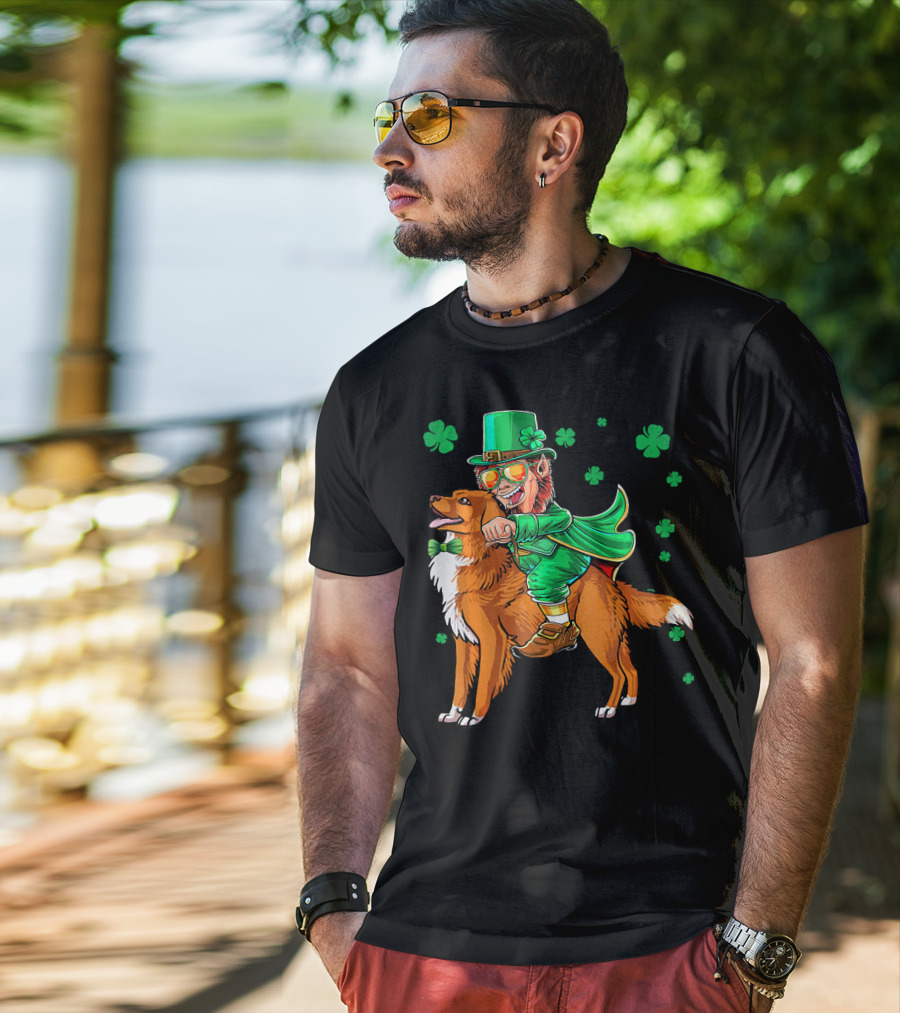 Leprechaun Riding Nova Scotia Duck Tolling Retriever With Shamrocks T-Shirt