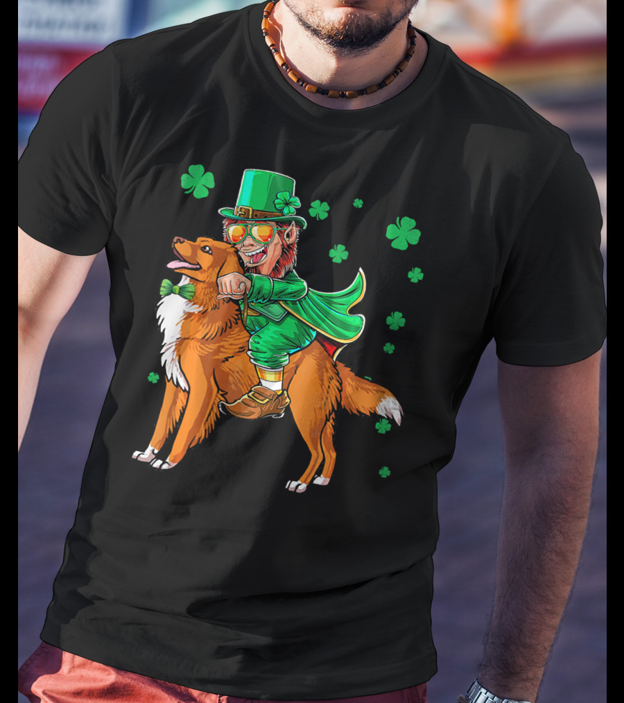 Leprechaun Riding Nova Scotia Duck Tolling Retriever With Shamrocks T-Shirt