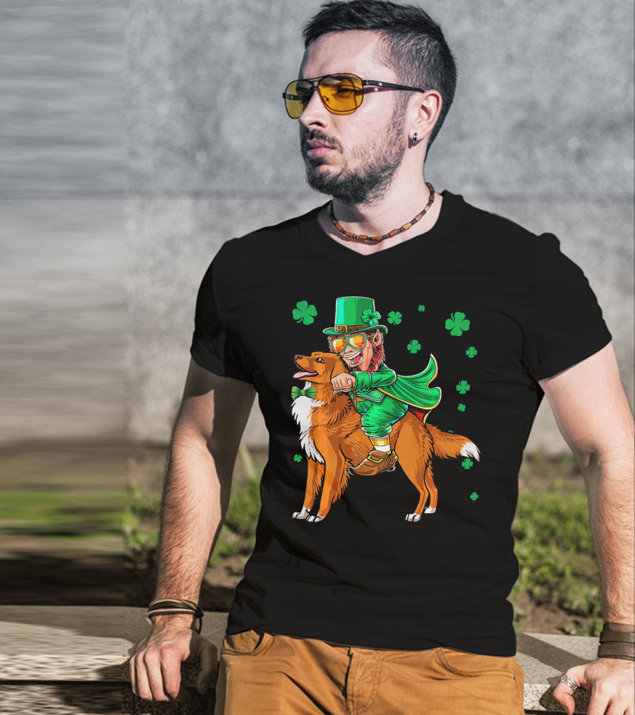 Leprechaun Riding Nova Scotia Duck Tolling Retriever With Shamrocks T-Shirt