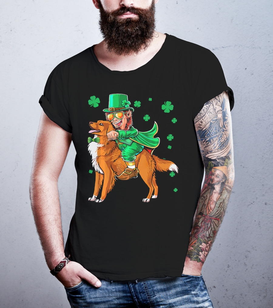 Leprechaun Riding Nova Scotia Duck Tolling Retriever With Shamrocks T-Shirt
