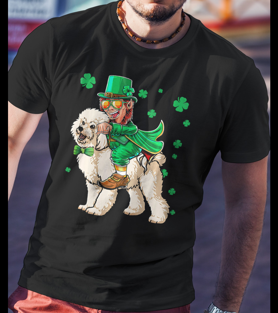 Leprechaun Riding Bichon Frise With Shamrock St. Pat's Day Charm T-Shirt