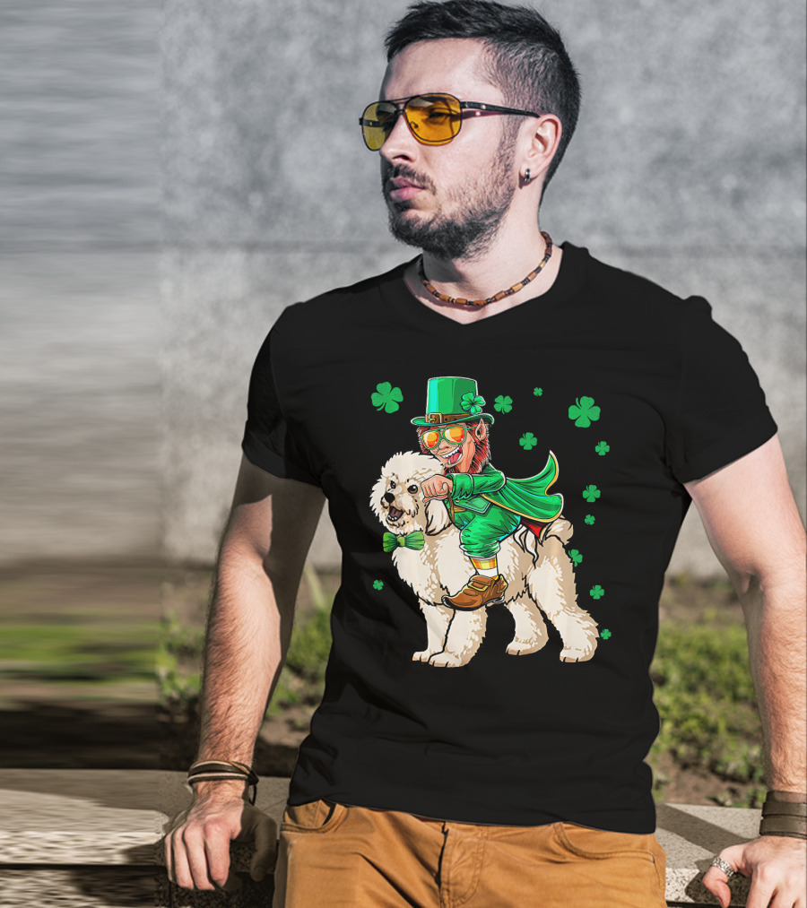 Leprechaun Riding Bichon Frise With Shamrock St. Pat's Day Charm T-Shirt