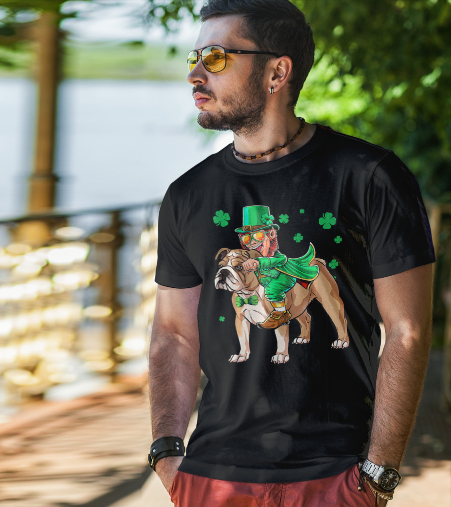 Leprechaun Riding English Bulldog With Shamrocks T-Shirt