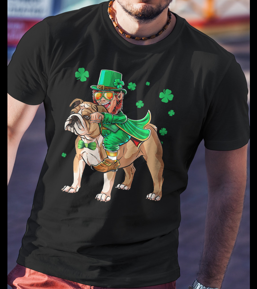 Leprechaun Riding English Bulldog With Shamrocks T-Shirt