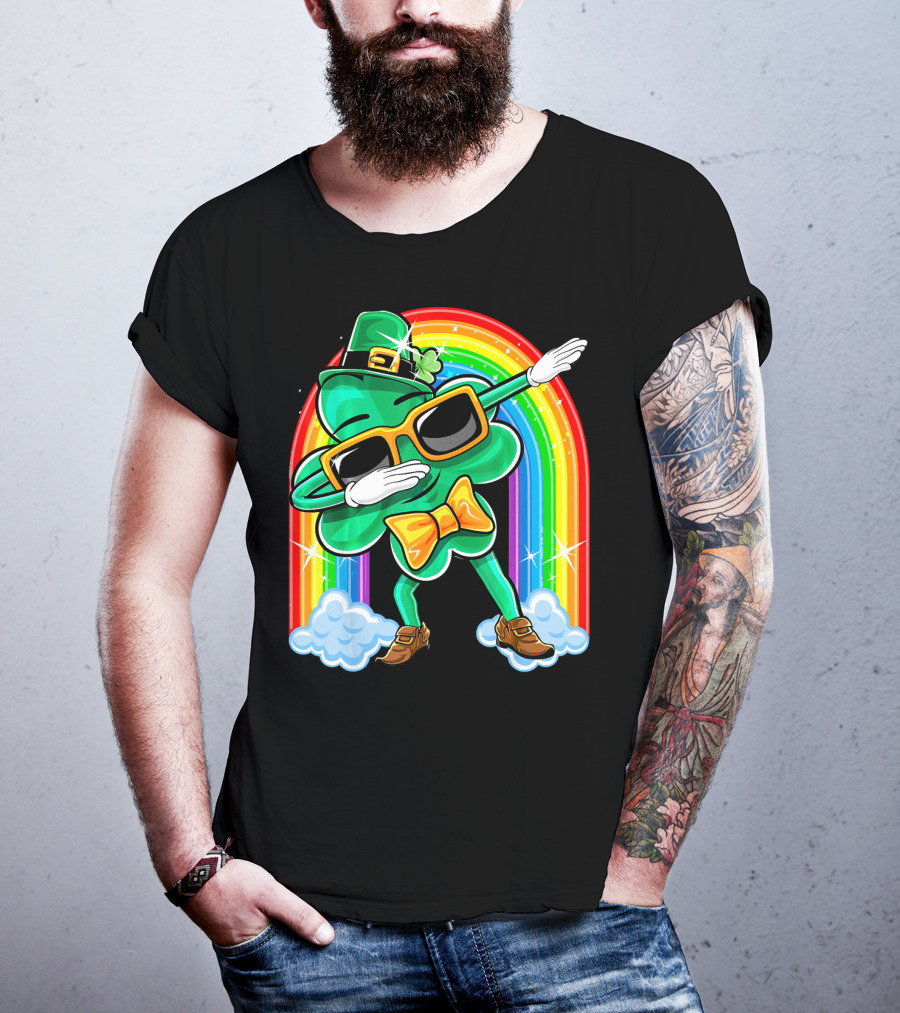 Dabbing St. Patricks Day Shamrock Leprechaun With Rainbow T-Shirt
