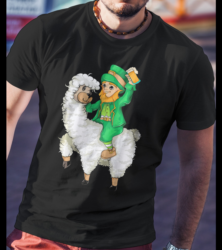 Leprechaun In Green Suit Riding White Fluffy Llama With Beer On St. Patrick's Day T-Shirt