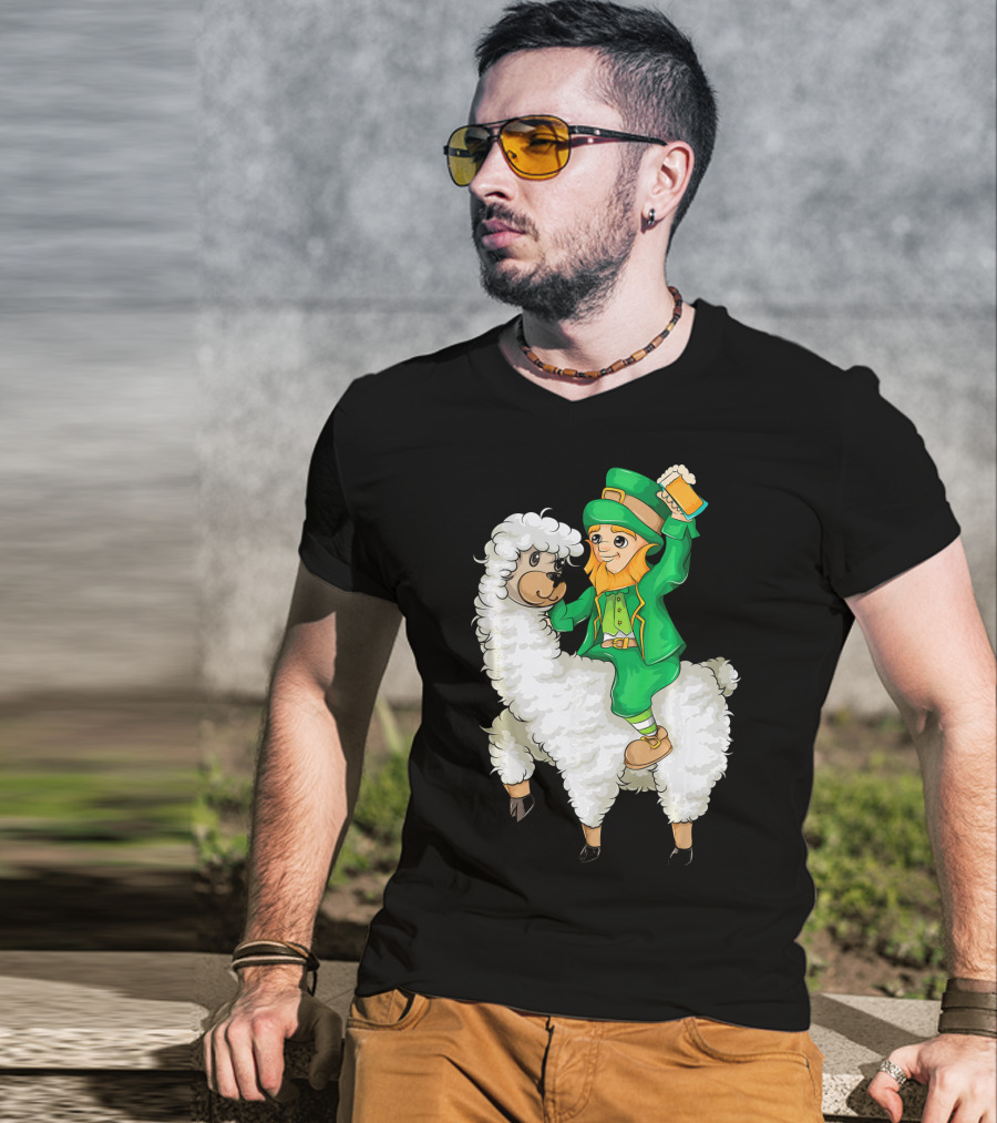 Leprechaun In Green Suit Riding White Fluffy Llama With Beer On St. Patrick's Day T-Shirt