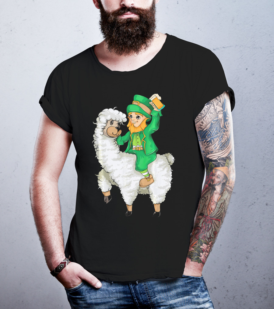 Leprechaun In Green Suit Riding White Fluffy Llama With Beer On St. Patrick's Day T-Shirt