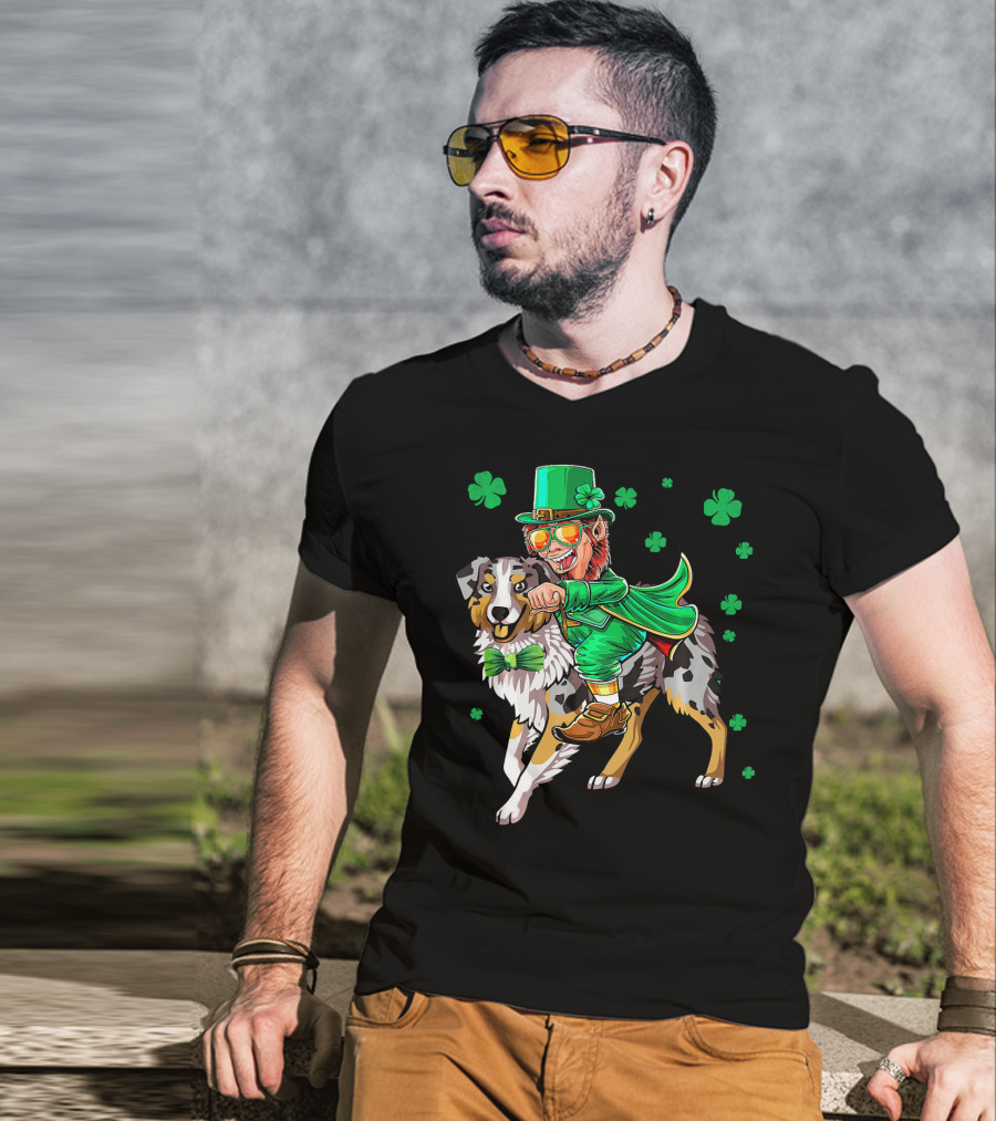 Leprechaun Riding Australian Shepherd With Shamrock Bow Tie And Clover Background T-Shirt