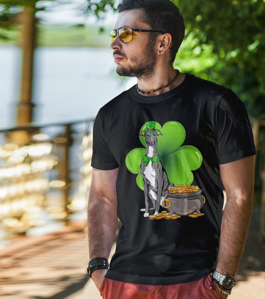 Greyhound St Patricks Day Leprechaun Dog With Shamrock And Pot Of Gold T-Shirt