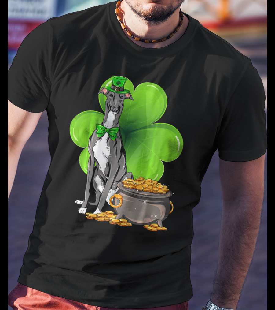 Greyhound St Patricks Day Leprechaun Dog With Shamrock And Pot Of Gold T-Shirt